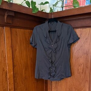Express Charcoal Ruffle Front Blouse